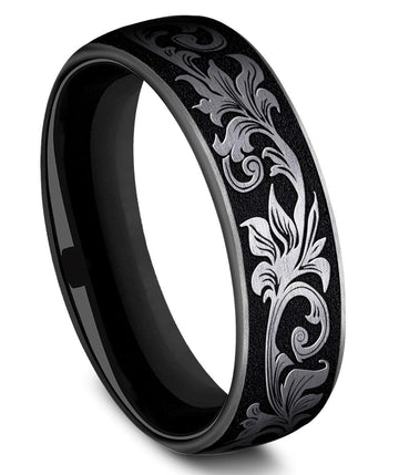 Benchmark 6.5mm Black Titanium Script Design Men's Ring