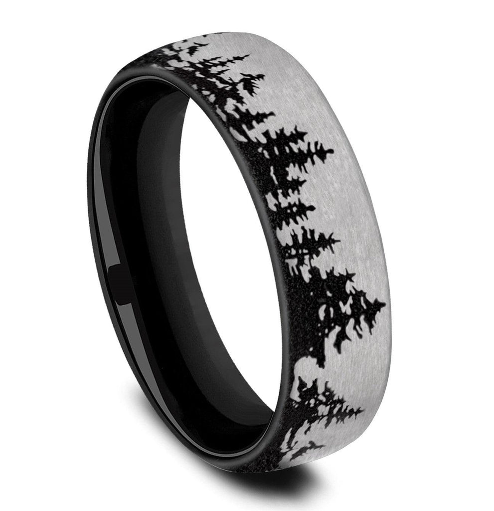 Titanium 6.5mm Contrast Tree Line Pattern Black Ring