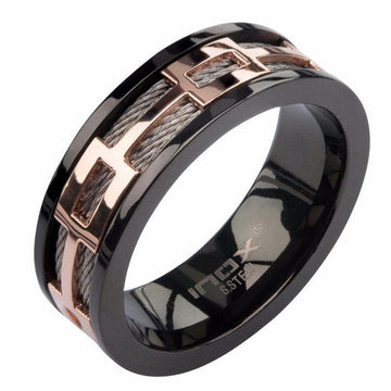Rose Gold Plated  Window Plated Black Stainless Cable Ring -7.93mm