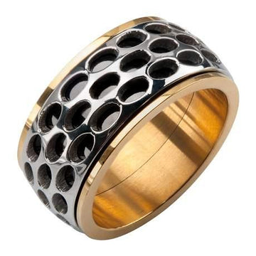 Men's Stainless Steel Gold IP Car Grille Spinner Polished Ring-9mm