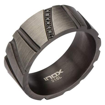 Men's Stainless Steel Gunmetal Finished Ring with Black CZ’s-9mm