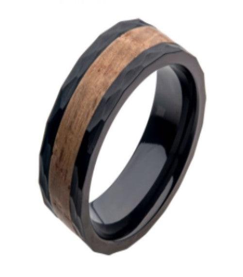 Stainless Steel Black Band with Whiskey Barrel Wooden Inlay-8mm