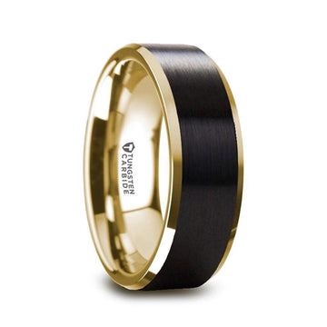 Men's Gold Plated Tungsten Polished Beveled Brushed Black Center - 8mm