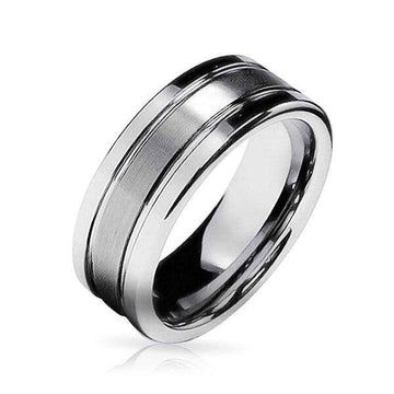 Tungsten Satin-Finish Grooved Wedding Ring with Polished Edges | 8mm