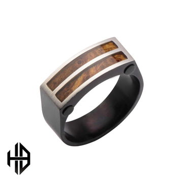 Hollis Bahringer Black Plated with Inlayed Palisander Rose Wood Ring