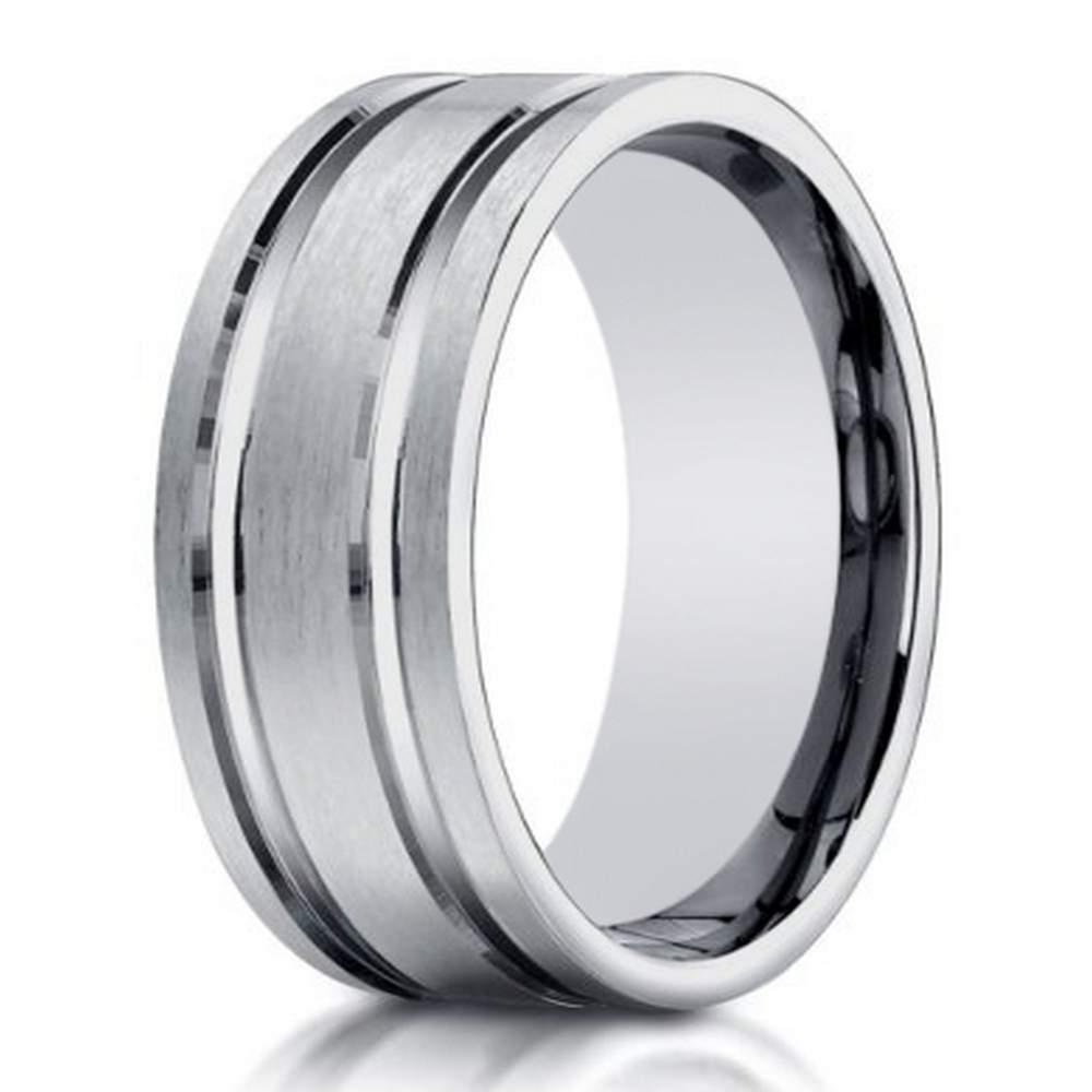 Designer Men's 10K White Gold Ring With Polished Lines | 8mm
