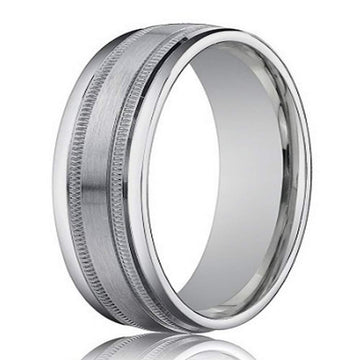 Designer Men's Wedding Ring in 18K White Gold, Milgrain Lines | 4mm
