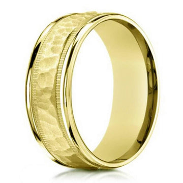 6mm Designer Men's 14k Yellow Gold Ring with Hammered Center