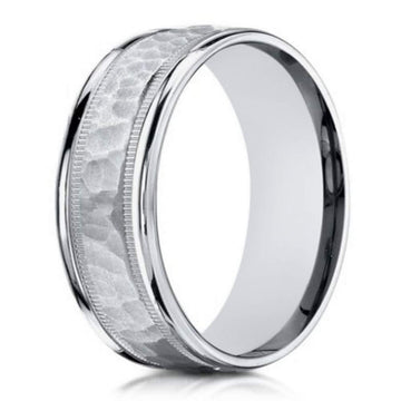 8mm Designer Men's 14k White Gold Ring with Hammered Detail