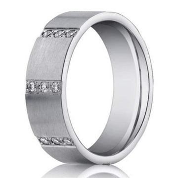 6mm Men’s 14k White Gold Wedding Band Pave Diamond Rows