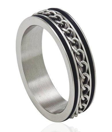 Stainless Steel Ring With Spinning Chain and Black Trim-8MM