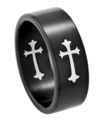 Black Stainless Steel Ring with Inlaid Gothic Cross-8mm