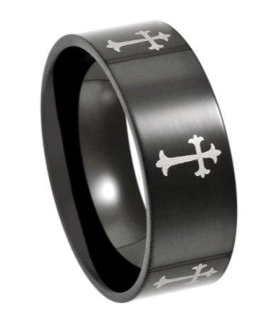 Men's Black Stainless Steel Cross Ring with Silver-Toned Crosses | 8mm