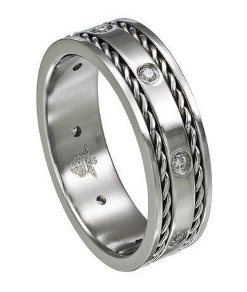 Stainless Steel Wedding Band with CZ's and Woven Edging-8mm