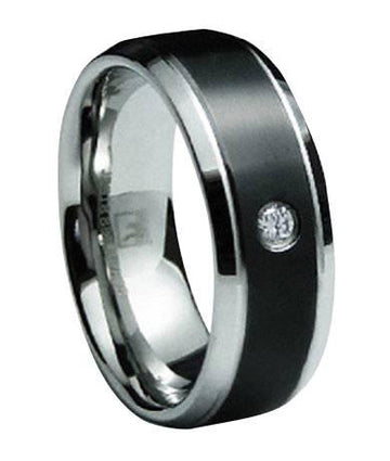 Men's Black Finish Stainless Steel Wedding Band with Single CZ | 8mm