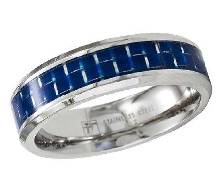 Anello Uomo In Acciaio Inox Con Inserto In Carbonio Blu, Fascia 8mm, Misure 4-12, Tema Massonico