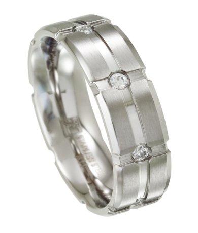Mens Grooved Stainless Steel Wedding Band with 8 CZs | 7mm