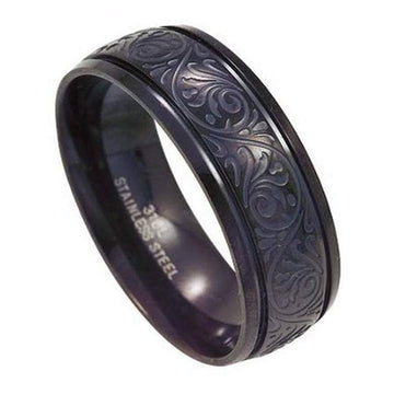Polished Black Stainless Steel Ring for Men with Lasered Design | 8mm