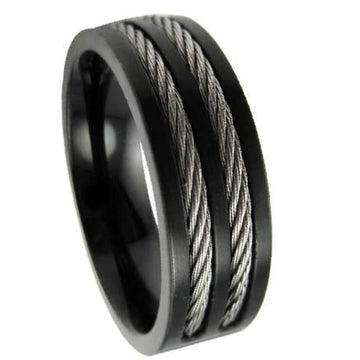 Men’s Stainless Steel Black Cable Ring with Flat Face and Polished Finish | 8mm