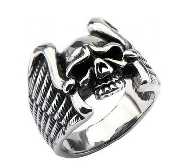 Men's Stainless Steel Black Oxidized Skull with Wings Ring -38mm