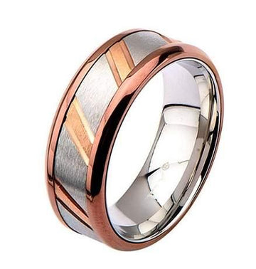 Men's Stainless Steel IP Rose Gold with Diagonal Lines Center - 8mm