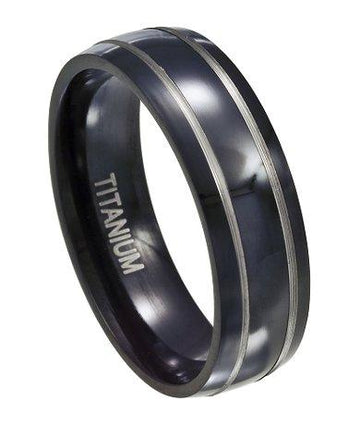 Men's Black Titanium Band with Silver Bands and Polished Finish | 7mm