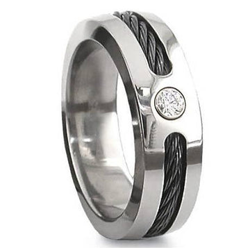 Men's Titanium Black Cable Ring with Polished Finish and CZ-7mm