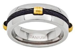 Men's Titanium Black Cable Ring with Polished Finish and GP Accents |8mm