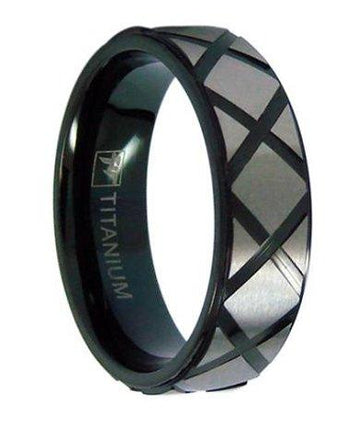 Men's Black Titanium Ring with X-Patterned Brushed Titanium | 7mm