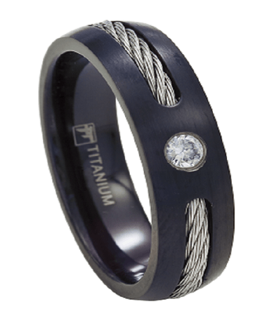Men's Black Titanium Cable Ring with Single CZ | 7mm