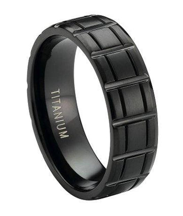 Matte-Finished Black Titanium Ring with Vertical Bar Pattern | 8mm