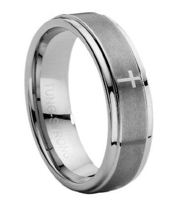 Men's Tungsten Carbide Ring with Lasered Cross -7mm