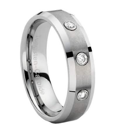 Tungsten Wedding Band with Three CZ's and Beveled Edges-7mm