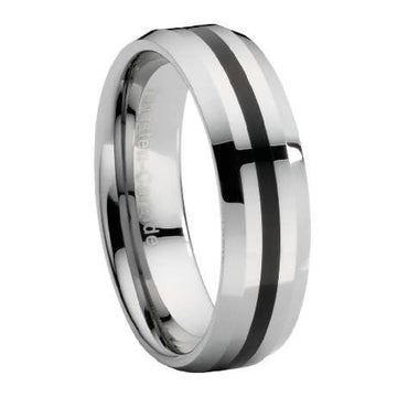 Beveled Edge Tungsten Ring with Black Enamel Stripe -8mm