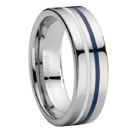 Tungsten Ring with White & Navy Blue Enamel Stripe-8mm
