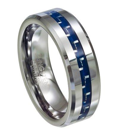 Tungsten and Blue Carbon Fiber Polished Ring with Beveled Edge | 8mm