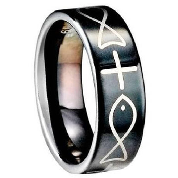 Cross and Fish Tungsten Ring -8mm