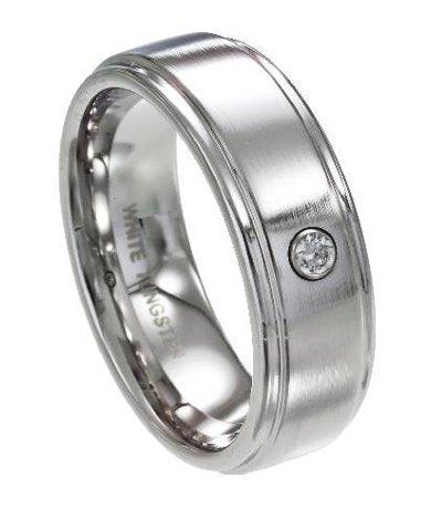 Men's White Tungsten Ring with Single CZ and Polished Edges | 8mm