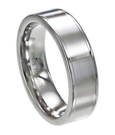 Men's White Tungsten Ring with Flat Profile and Polished Edges | 7mm