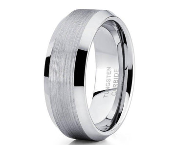 White Tungsten Ring for Men Flat Satin Finish and Polished Beveled Edges | 8mm