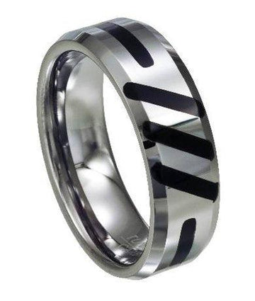 Tungsten Ring With Black Enamel Abstract Slashes-8mm