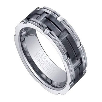 Tungsten Ring for Men with Grooved Black Ceramic Inlay | 8mm