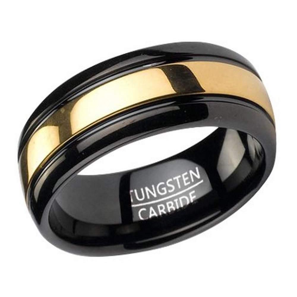 Black Tungsten Men's Ring With Gold Tone Inlay 8mm