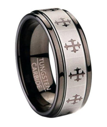 Fashion Ring for Men in Black Tungsten with Crosses | 9mm