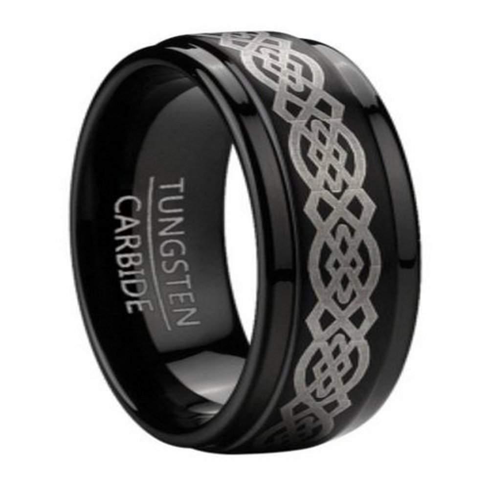 Black Tungsten Men's Celtic Knot Ring Step Down Edges Ring | 9mm
