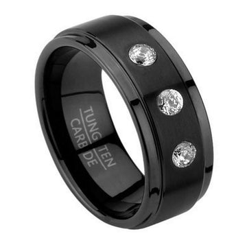 Contemporary Men's Ring in Black Tungsten with Three CZ | 8mm