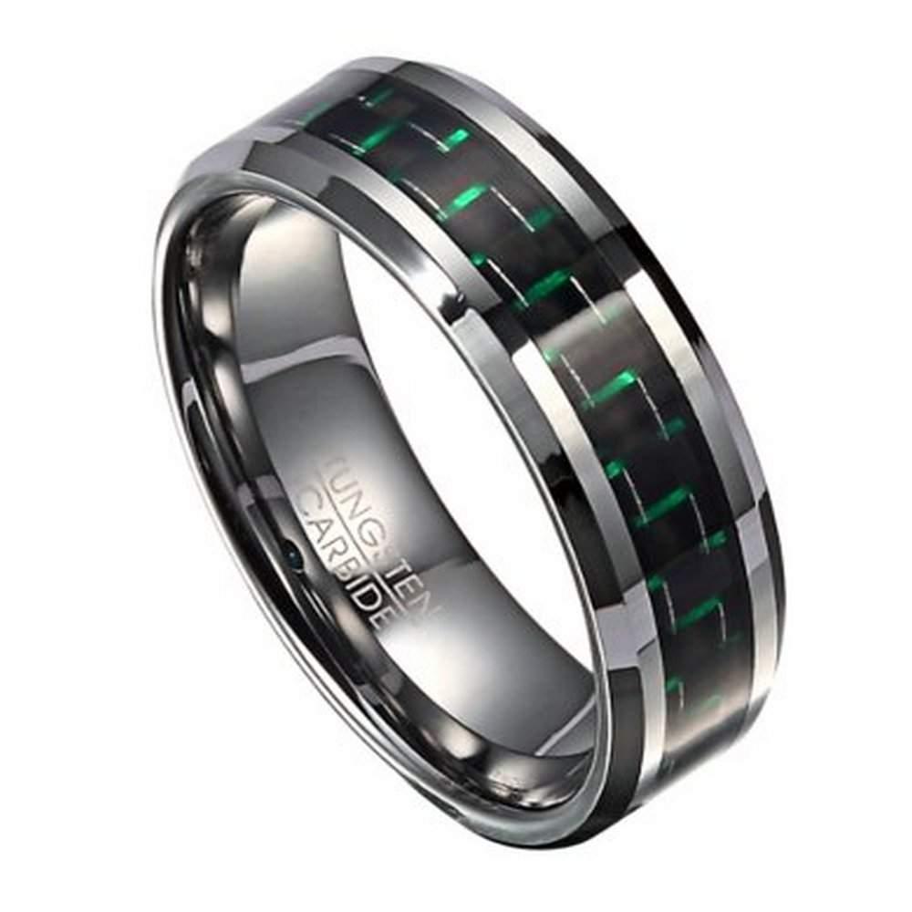 Men's Fashion Ring in Tungsten with Green Carbon Fiber Inlay, 8mm