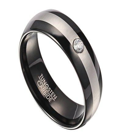 Black Tungsten Wedding Band with Satin Finish Center and CZ | 8mm