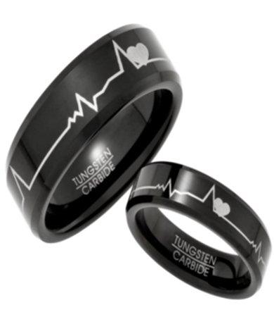 Black Tungsten His and Her Rings with Hearts and Heartbeats Design