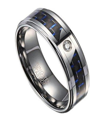 Tungsten Men's Ring with Black and Blue Carbon Fiber and CZ | 8mm